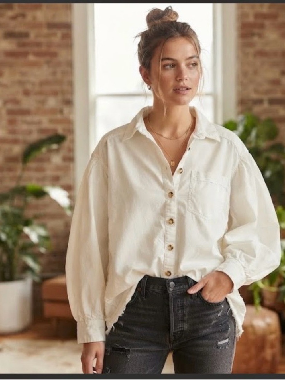 We The Free Cream  Oversized Long Sleeve Shirt - Ivory size small